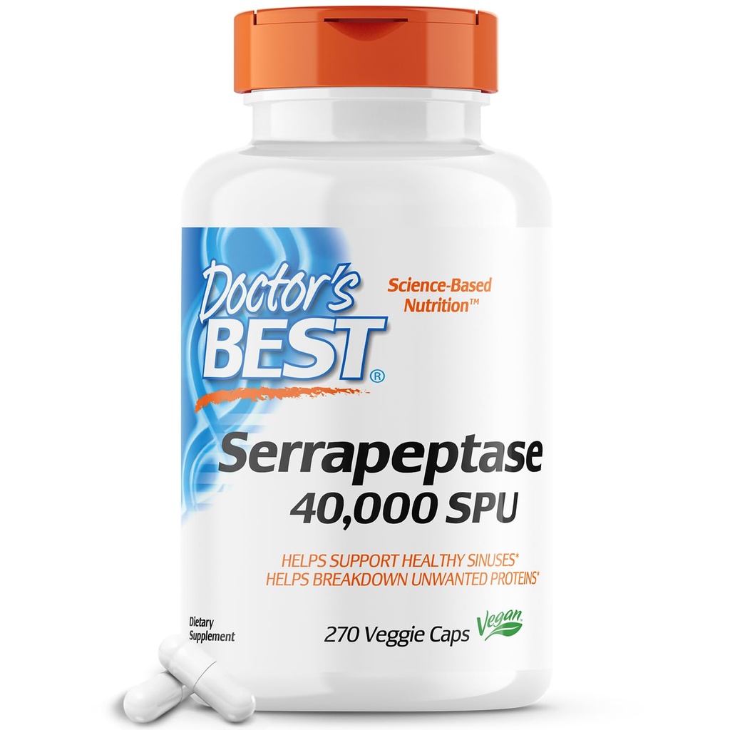Doctor's Best Serrapeptase, Non-GMO, Glutenvrij, Veganistisch, Ondersteunt Gezonde Sinuses, 40.000 SPU, 270 Telling (Pack of 1)