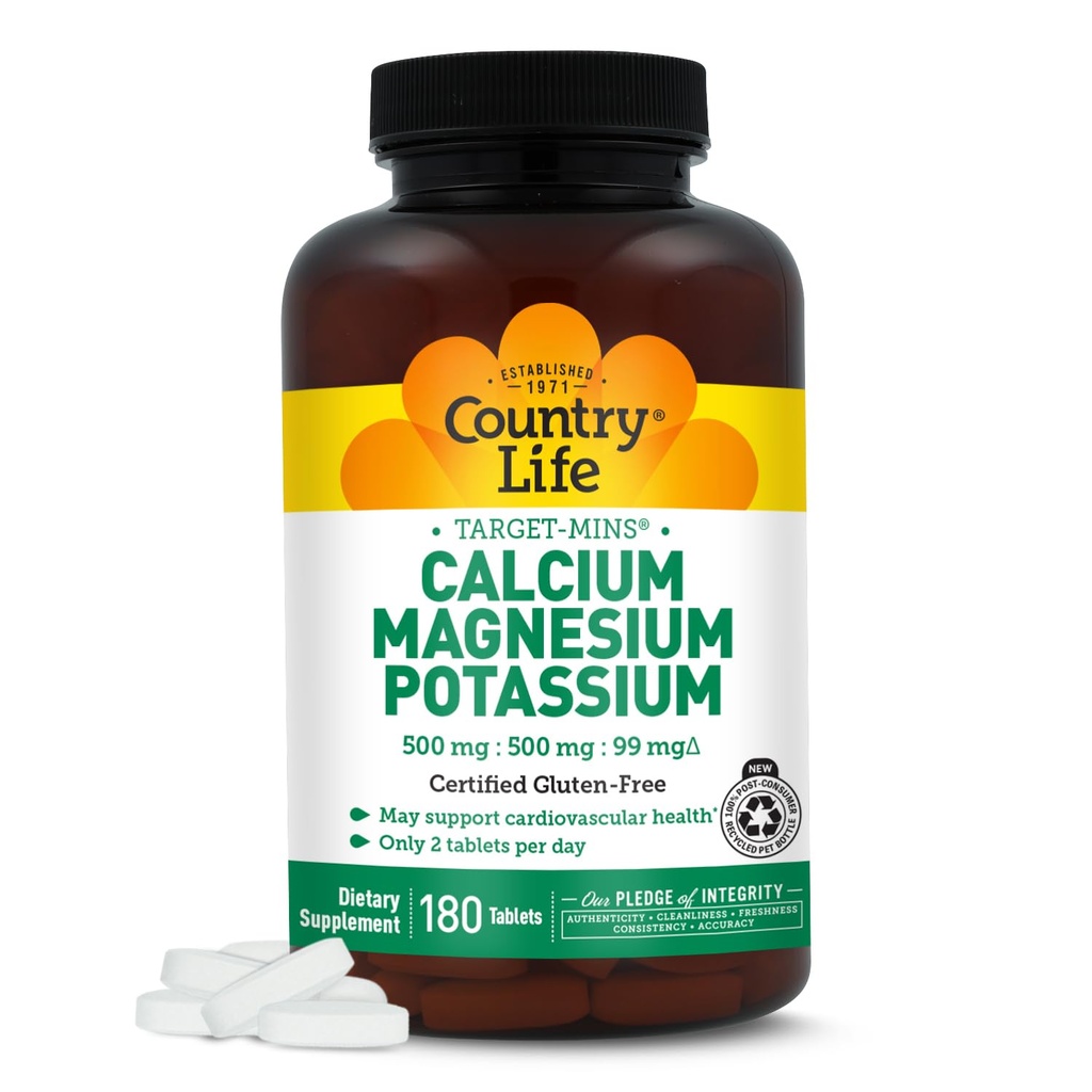 Country Life Target Mins - Calcium Magnesium Kalium Bone & Heart Health Supplement, 1000mg Calcium, 500mg Magnesium, Ondersteunt Calcium gebruik, 180 Tablets Gecertificeerd Glutenvrij & Veganistisch