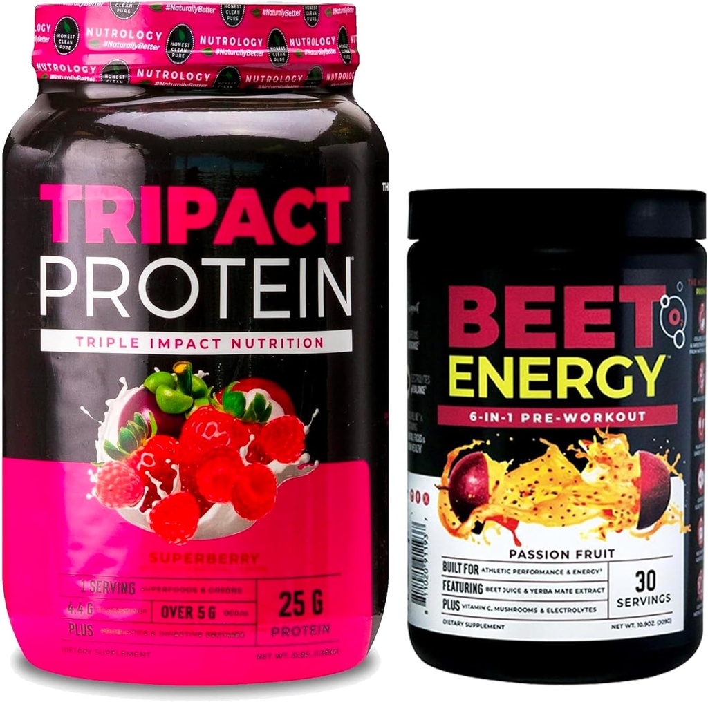 Nutrologie TRIPACT Proteïnepoeder, 7-in-1 Maaltijd Vervangingsshake, Superberry (40 Servings) Beet Natural O2, Pre Workout Powder, Passie Fruit Smaak (30 Servers)