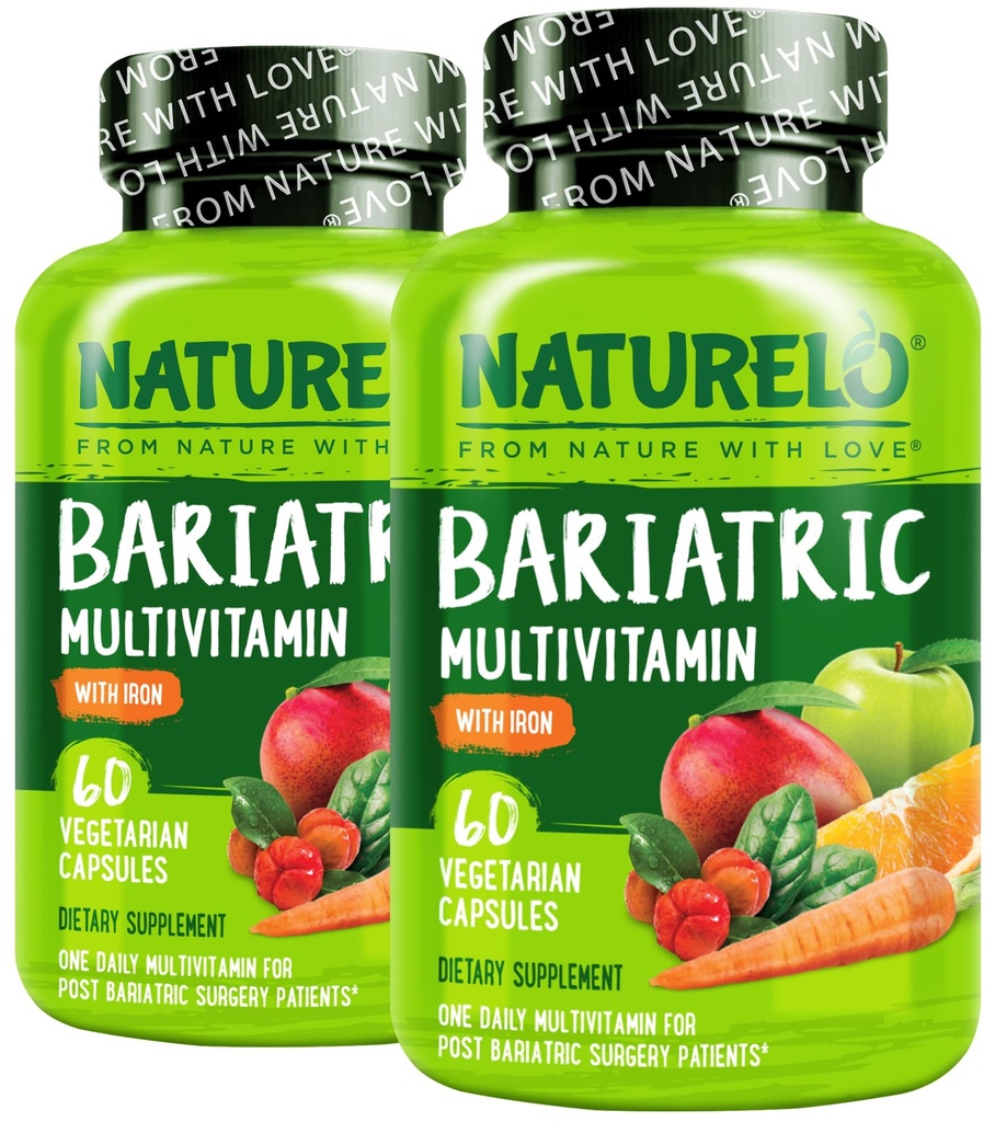 NATURELO Bariatrische Multivitamine - Een Dagelijkse met ijzer - Supplement voor Post Gastric Bypass Chirurgie Patiënten - Natuurlijke Whole Food Nutrition - 60 Veggie Capsules (verpakking van 2)