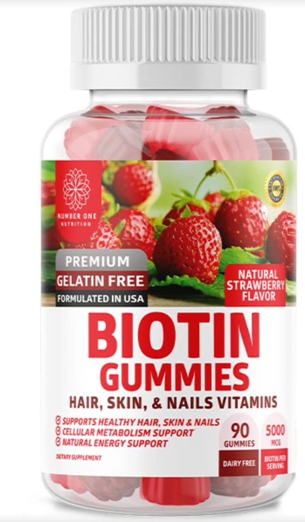 Number One Nutrition N1N Premium Biotin Gummies 5000mcg [High Potency, 90 Gummies] voor gezond haar, huid en nagels voor volwassenen en kinderen, Veganistisch, niet-GMO, pectine gebaseerd