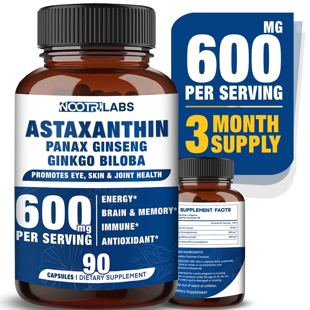 Astaxanthine 15 mg + Panax Ginseng, Ginkgo Biloba Supplementen, 90 Vegan Capsules, bevordert ooggezondheidsenergie, cardiovasculaire ondersteuning + Immune Defense en Focus
