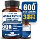 Astaxanthine 15 mg + Panax Ginseng, Ginkgo Biloba Supplementen, 90 Vegan Capsules, bevordert ooggezondheidsenergie, cardiovasculaire ondersteuning + Immune Defense en Focus
