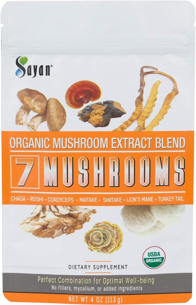 Sayan 7 Paddenstoelen USDA Organic Extract Powder Blend Supplement 4 oz / 113g - Chaga, Reishi, Cordyceps, Maitake, Shiitake, Lion's Mane en Turkije staart, Geen Fillers, Voeg toe aan koffie of thee, vruchtlichaam