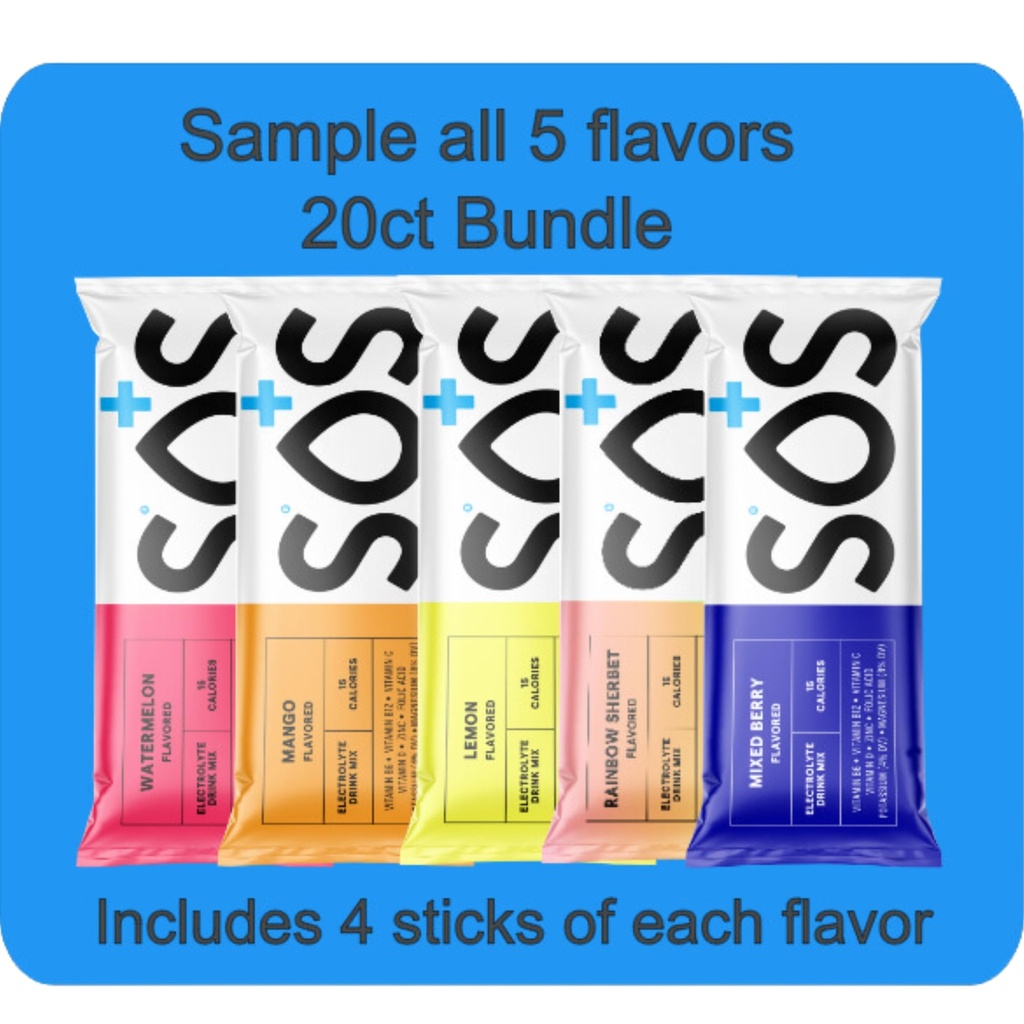 SOS Hydration, Electrolyte Powder Packets Low-Calorie, Low Sugar, Rapid Rehydration, Made in USA, Keto & Vegan Friendly 5-Flavor Variety Pack, 20 Sticks