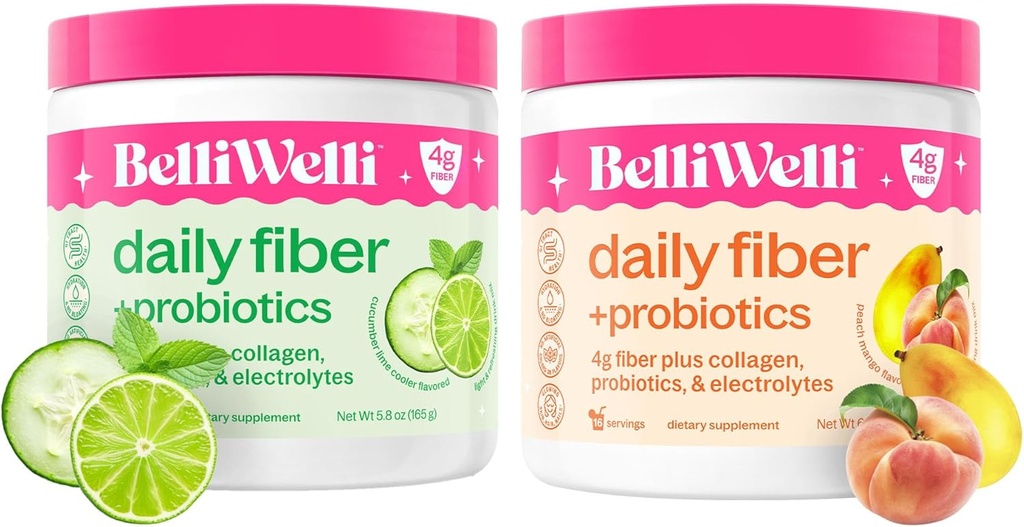 Daily Fiber Supplement Bundle with Collagen, Probiotics, Electrolytes & Hydration Support - Cucumber Lime Mint & Peach Mango Flavors - Promotes Digestive, Skin Health, Gut Balance - 32 Servings