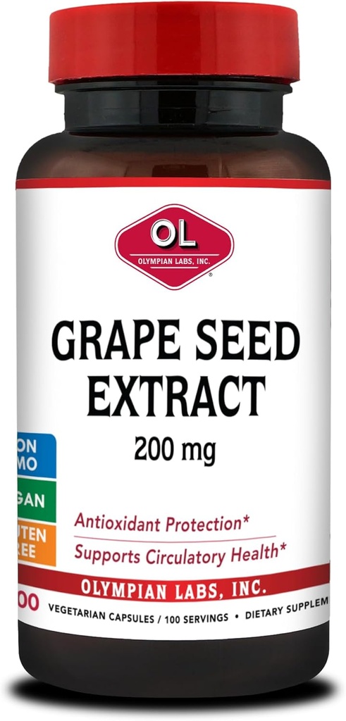 Olympian Labs Grape Seed Extract Capsules - 200 mg - 100 Plantaardige Capsules ondersteunen van de gezondheid van het hart, antioxidant bescherming.