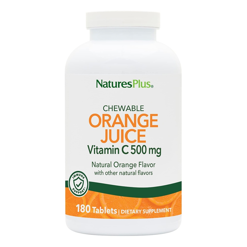 NaturesPlus Orange Juice Kauwbare vitamine C - 500 mg, 180 tabletten - High Potency Immune Support Supplement, Antioxidant - Voorzichtig op de maag - Vegetarisch, Glutenvrije - 180 porties