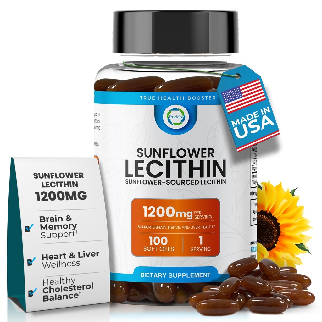 Zonnebloem Lecithin 1200 MG 100 Softgels, 100-dagen levering gegarandeerd Pure, Non-GMO, Soy-Free, Ondersteunt hersenen, hart, nerve, lever gezondheid, cognitieve functie, gezonde cholesterol, hoge absorptieformule