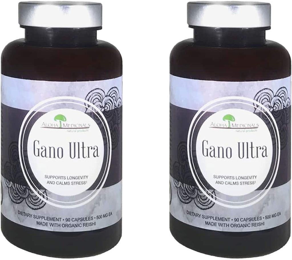 Aloha Medicijnen Gano Ultra, Certified Organic Mushroom Supplement, Natural Health Supplement, Pack van 2, 90 Capsules Elk