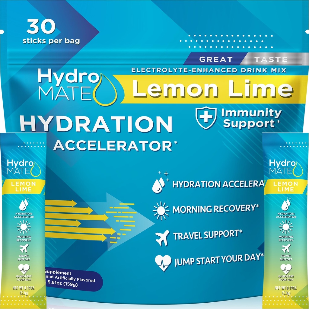 HydroMATE Electrolyte Powder Lemon Lime Hydration Packets Low Sugar 30 Tellen