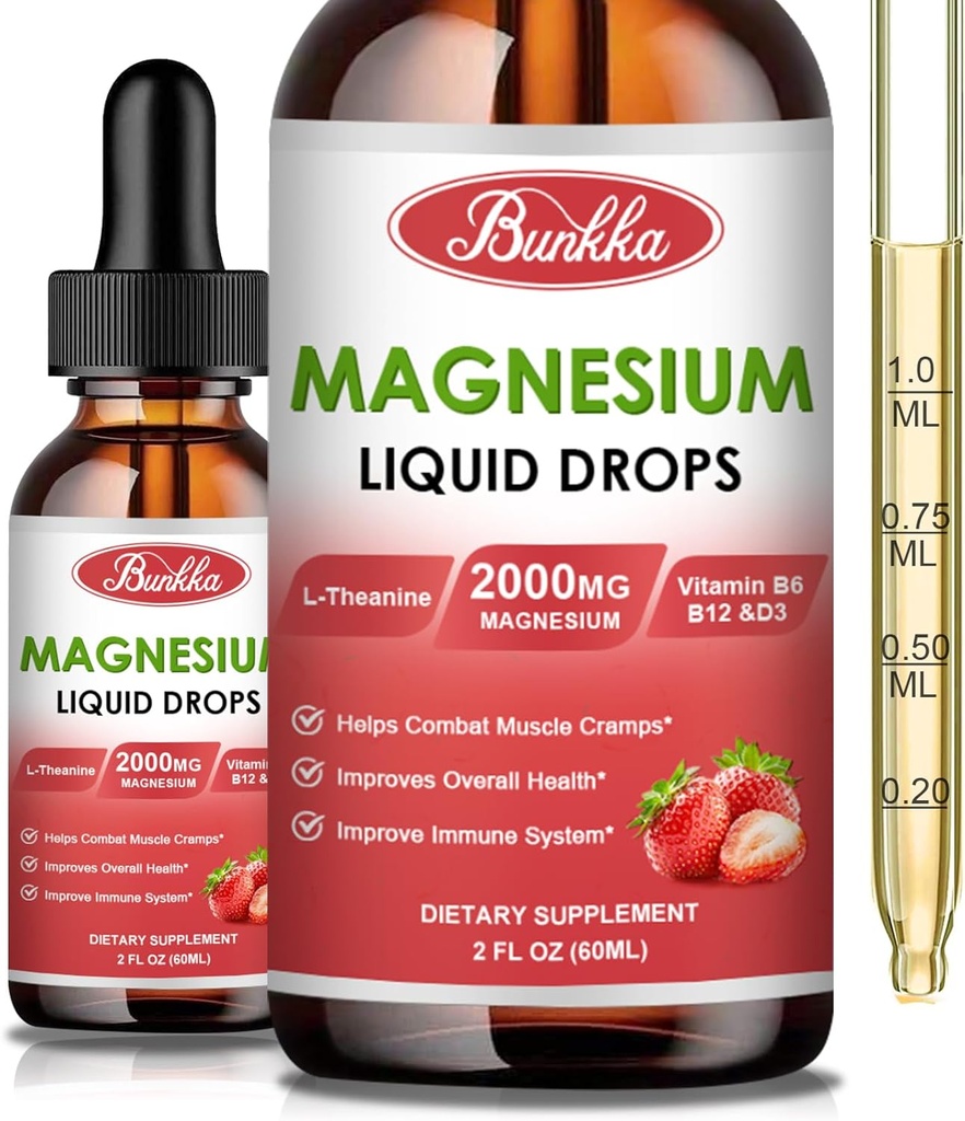 (2 Pack) Magnesium Glycinate 500mg Supplement, Magnesium Glycinate Liquid Drops met Magnesium Malate, Taurate, Citrate & Calcium Zink, Magnesium Supplement voor Sleep&Stress Relief-Strawberry Flavor