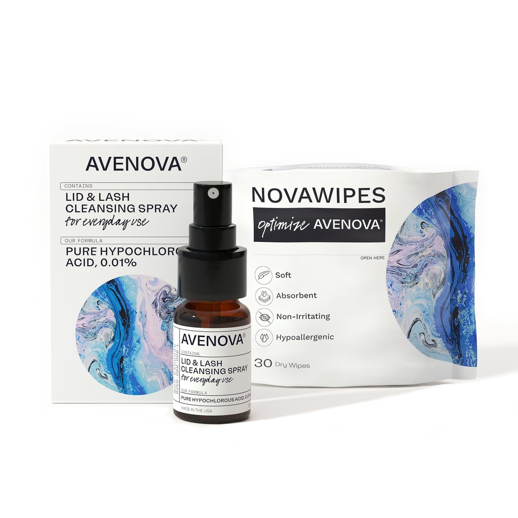 Avenova ooglid en wimperreiniger Spray met 30 droge doekjes - Voorzichtig elke dag Hypochloorzuur deksel en Lash Reinigingsspray voor Heldere en gezondere ogen, 20mL