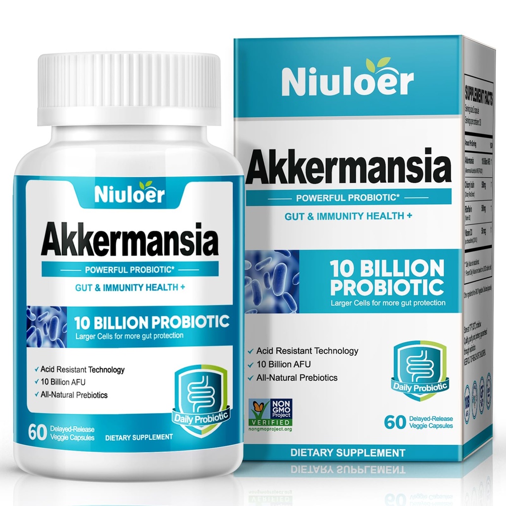 Akkermansia Probiotica, GLP-1 Probiotica voor vrouwen en mannen - 10 miljard AFU's + Organische Prebiotica, Digestief, Gut, Immune & Overall Health, Verbetert Gut Digestieve Lijnfunctie (60 Capsules, 1-pack)