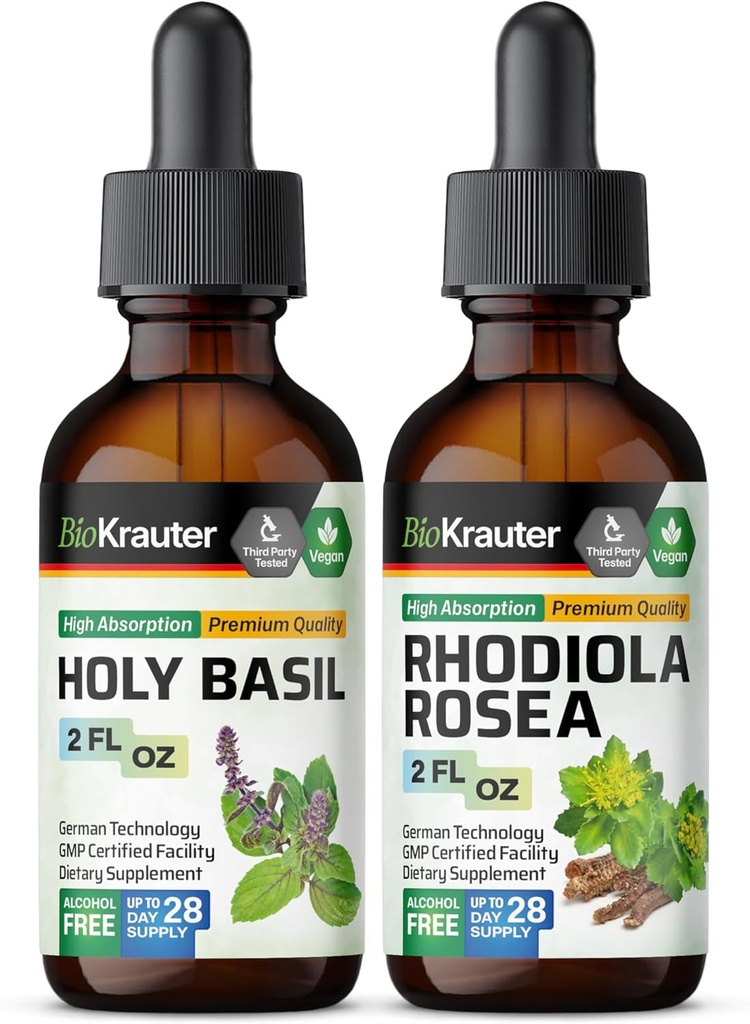 BIO KRAUTER Heilige Basil Tinctuur 2 Fl. Oz. & Rhodiola Rosea Tinctuur 2 Fl. Oz.