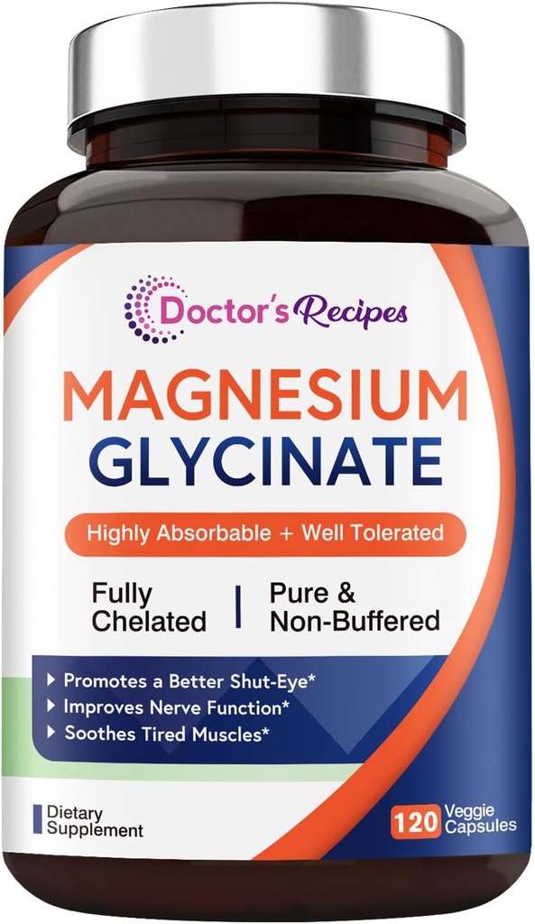 Recepten Magnesium Glycinate, Chelated & Non Buffered, Highly Absorbable, voor kinderen en volwassenen, voor ontspanning en slaap, niet GGO, 120 Vegan Caps