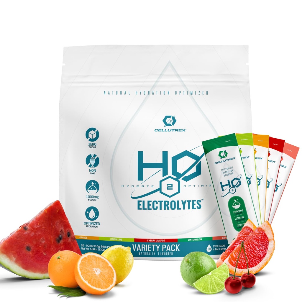Cellutrex® H2O Electrolytes – Electrolyte Powder Drink Mix, Zero Sugar, Natural Himalayan Salt Hydration Packets for Recovery and Wellness, FSA-HSA, Variety Pack, 20 Sticks