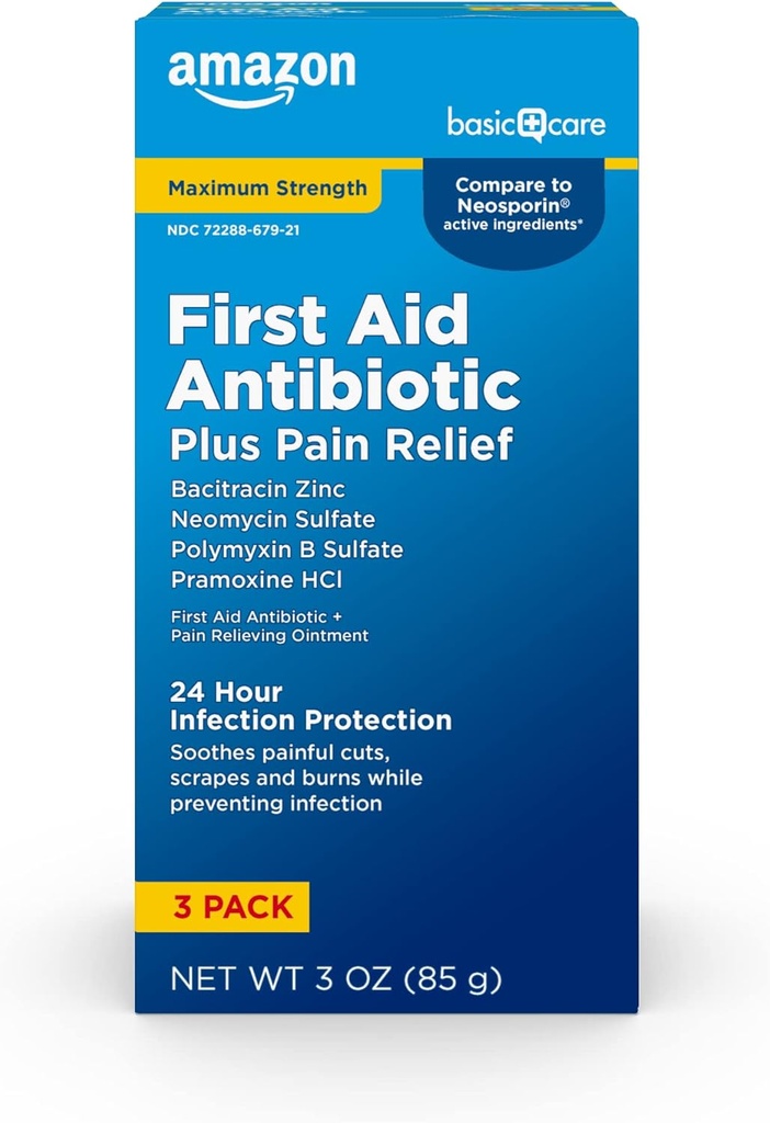 Basic Care maximale sterkte Eerste hulp Triple Antibiotische Zalf, pijnverlichting voor kleine sneden, scrapes en brandwonden, 3 ounce (verpakking van 1)