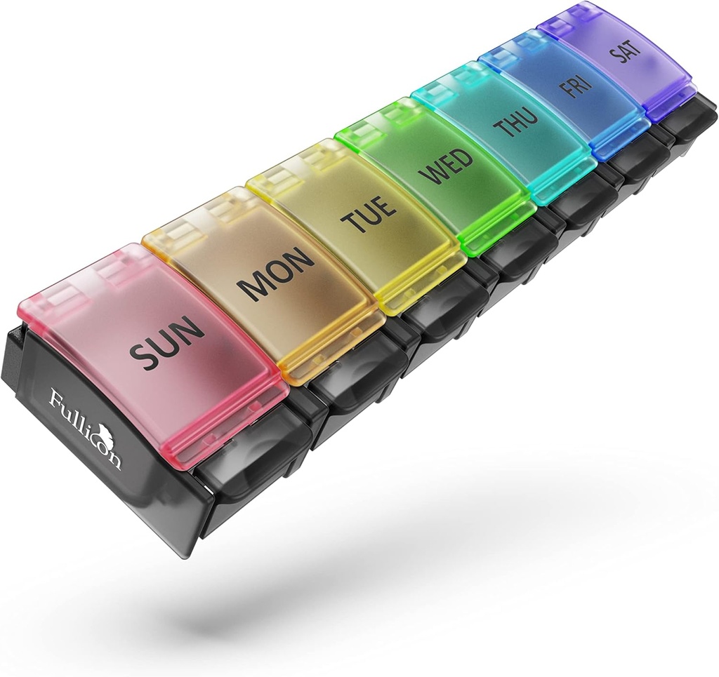 Fullicon Weekly Pill Box Organizer, 7 dagen tablet dozen voor vitamines en supplementen, Gemakkelijk te openen grote medicijn doos, draagbare medicatie Organisator voor reizen