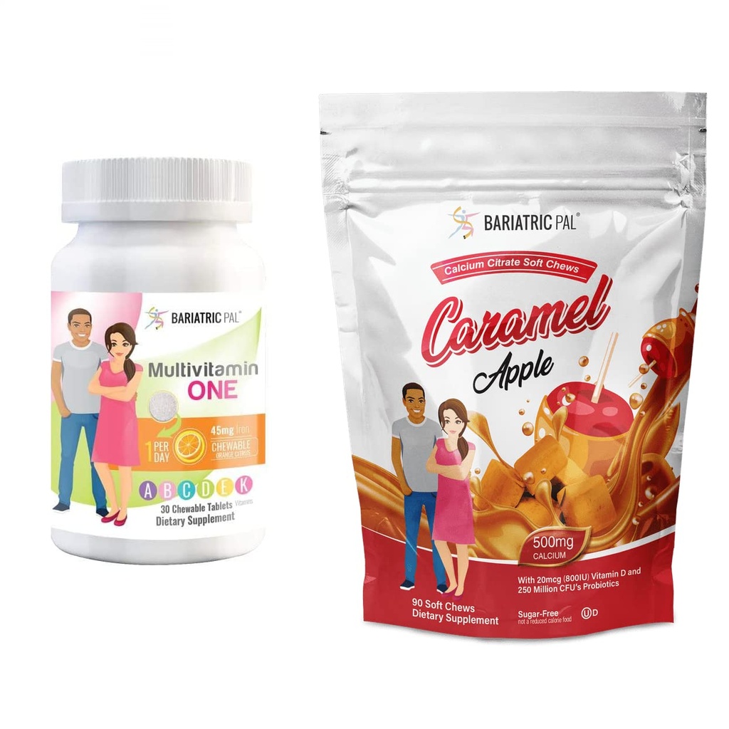 BariatricPal 30-Dag Bariatric Vitamine Bundle (Multivitamine ONE 1 per dag! met 45mg ijzer kauwbaar - Oranje Citrus en Calcium citraat zachte kauwt 500mg met Probiotica - Caramel Apple)