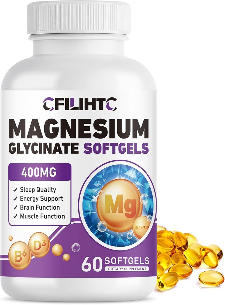 Magnesium Glycinate 400 mg Softgels - Hoge Absorptie Magnesium Glycinate Supplement voor volwassenen en kinderen met vitamine B6 & D3 - Ondersteuning Slaap, Mood, Hersenen, Zenuwen, Spier & Bot Gezondheid - 60 Softgels