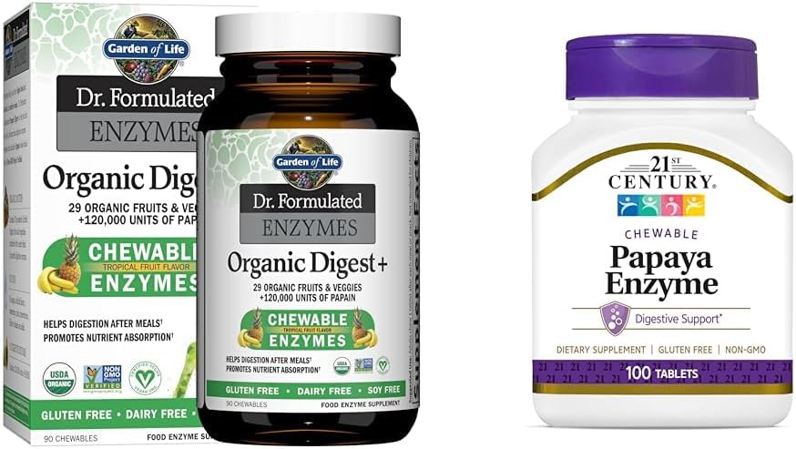Garden of Life Dr Geformuleerde spijsverteringsenzymen met Papain, Bromelain & 21st Century Papaya Enzyme Kauwtabletten, Tropisch, 100 Tellen