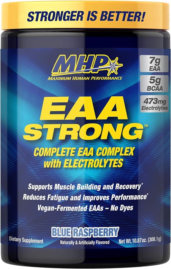 Maximale menselijke prestaties Mhp Eaa Sterke, Aminozuursupplementen, Alle 9 essentiële aminozuren, Bcaas, Elektrolyten, Blauwe Raspberry, 1,2 pond