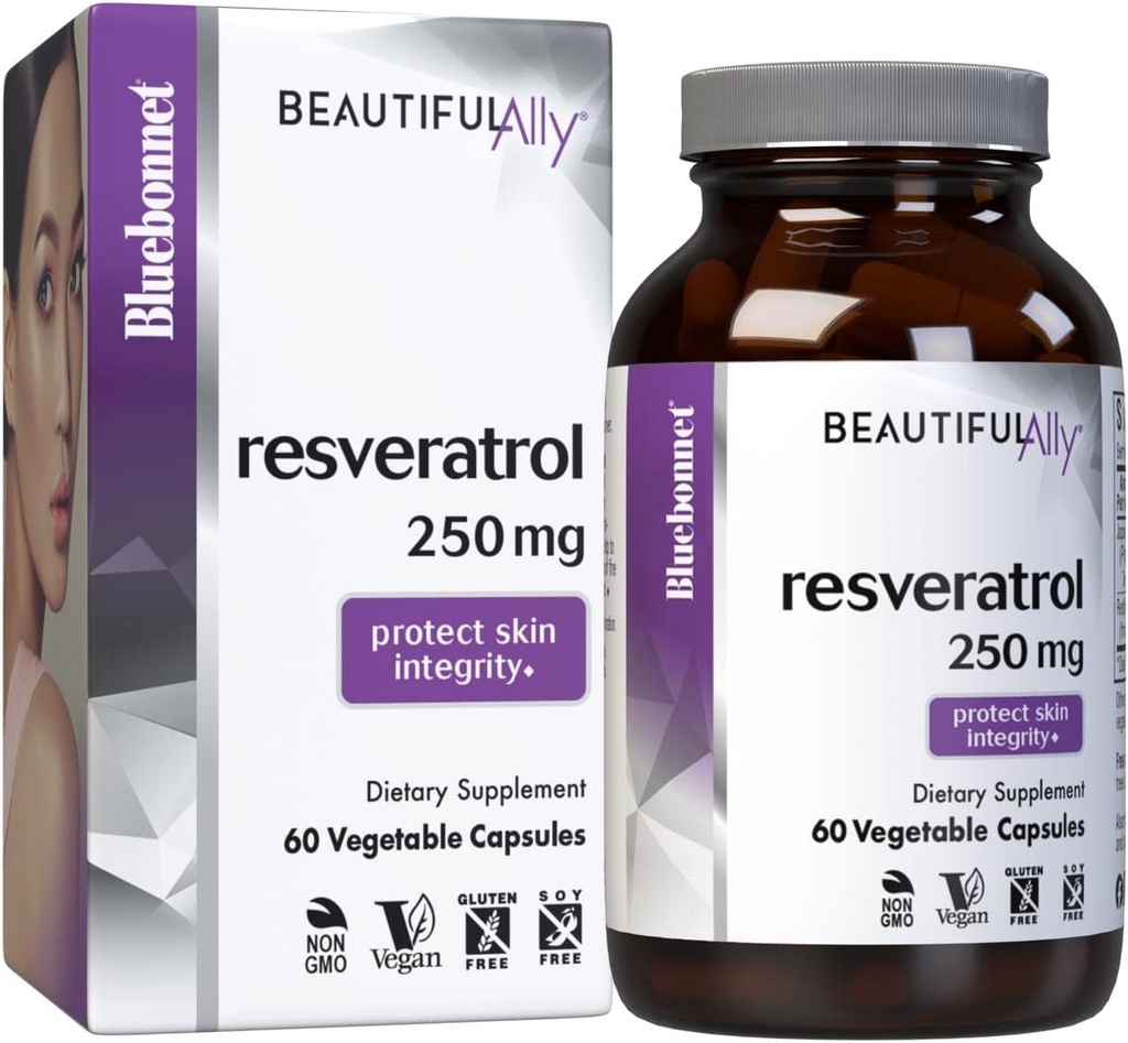 Bluebonnet Voeding Mooie Ally Resveratrol 250mg, Beste voor de huid, Antioxidant, Schoonheid Nutriënt, Veganistisch, Vegetarisch, Niet GGO, Glutenvrij, Sojavrij, 60 plantaardige Capsules, 60 porties