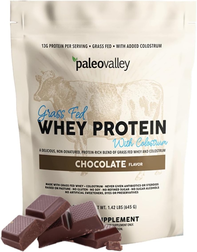 Paleovalley 100% Grassfed Wei Proteïne Poeder met Colostrum, 13g Proteïne, Chocolade, Spieropbouw, Immuun Ondersteuning, Gut Health