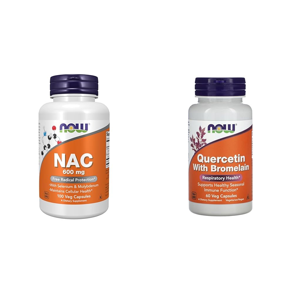 Nu Supplementen, NAC (N-Acetyl Cysteine) 600 mg met Selenium & Molybdeen, 100 Veg Capsules & Now Quercetin met Bromelain - 60 Veg Capsules