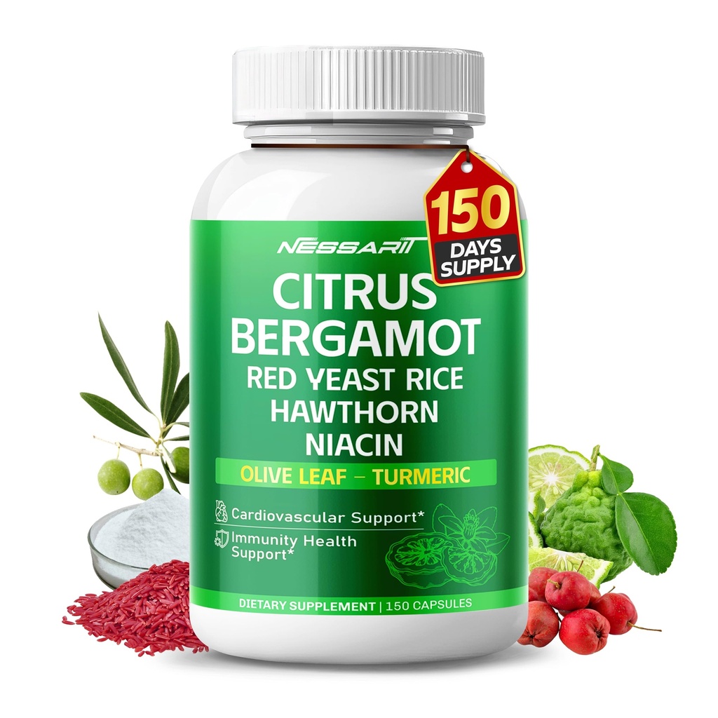 Citrus Bergamot supplement - 15-in-1 natuurlijke blend met rode gist Rijst Hawthorn Olive Leaf Odorless Knoflook Turmeric Ginger Fenegriek - 150 Tel - Made & Tested in The USA