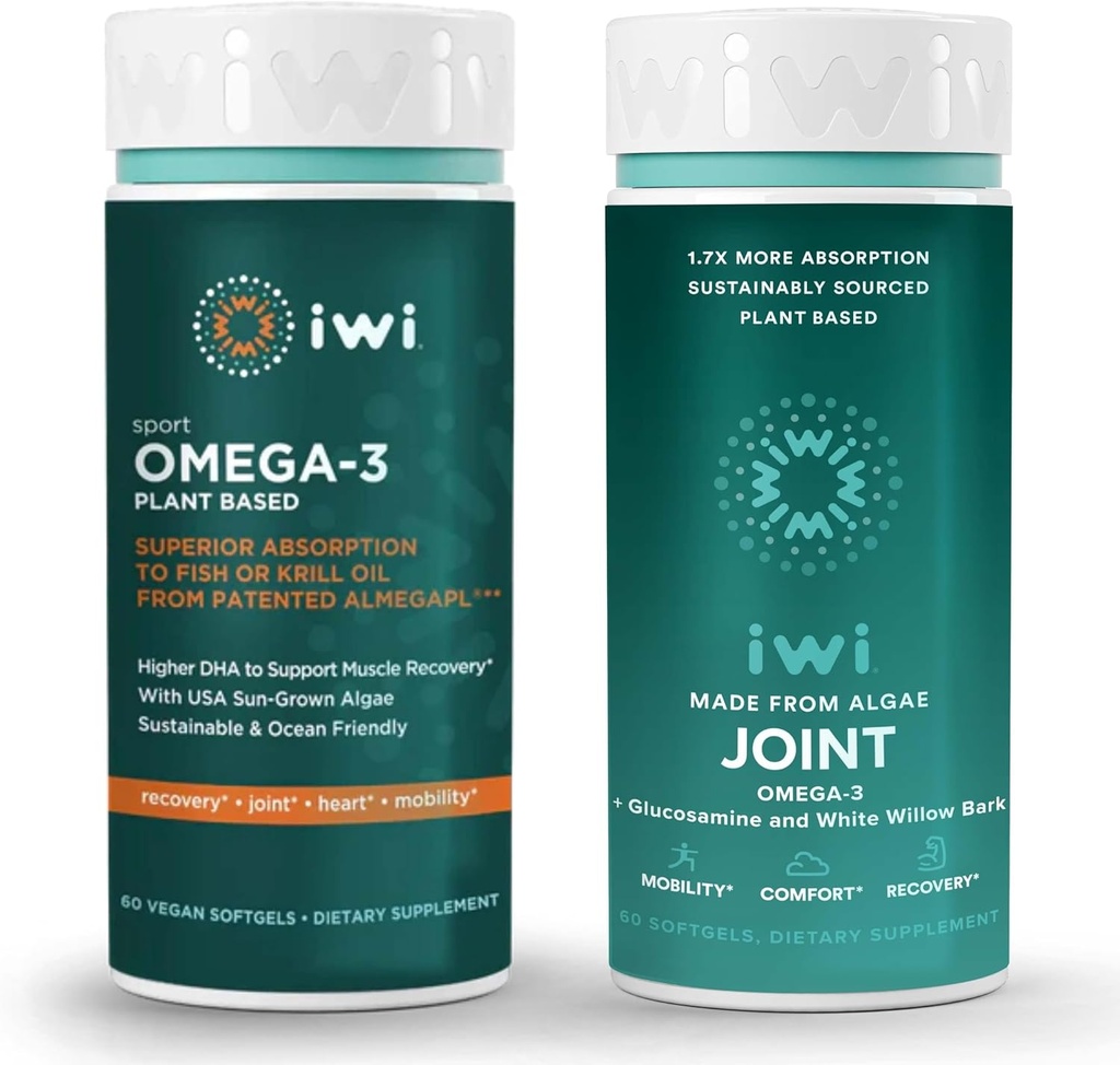 iwi Omega-3 Sport & Joint Omega-3 Bundle, 30 Servings, Vegan Plant Based Algen Omega 3, Krill & Fish Oil Alternative, No Fishy Aftersmaak