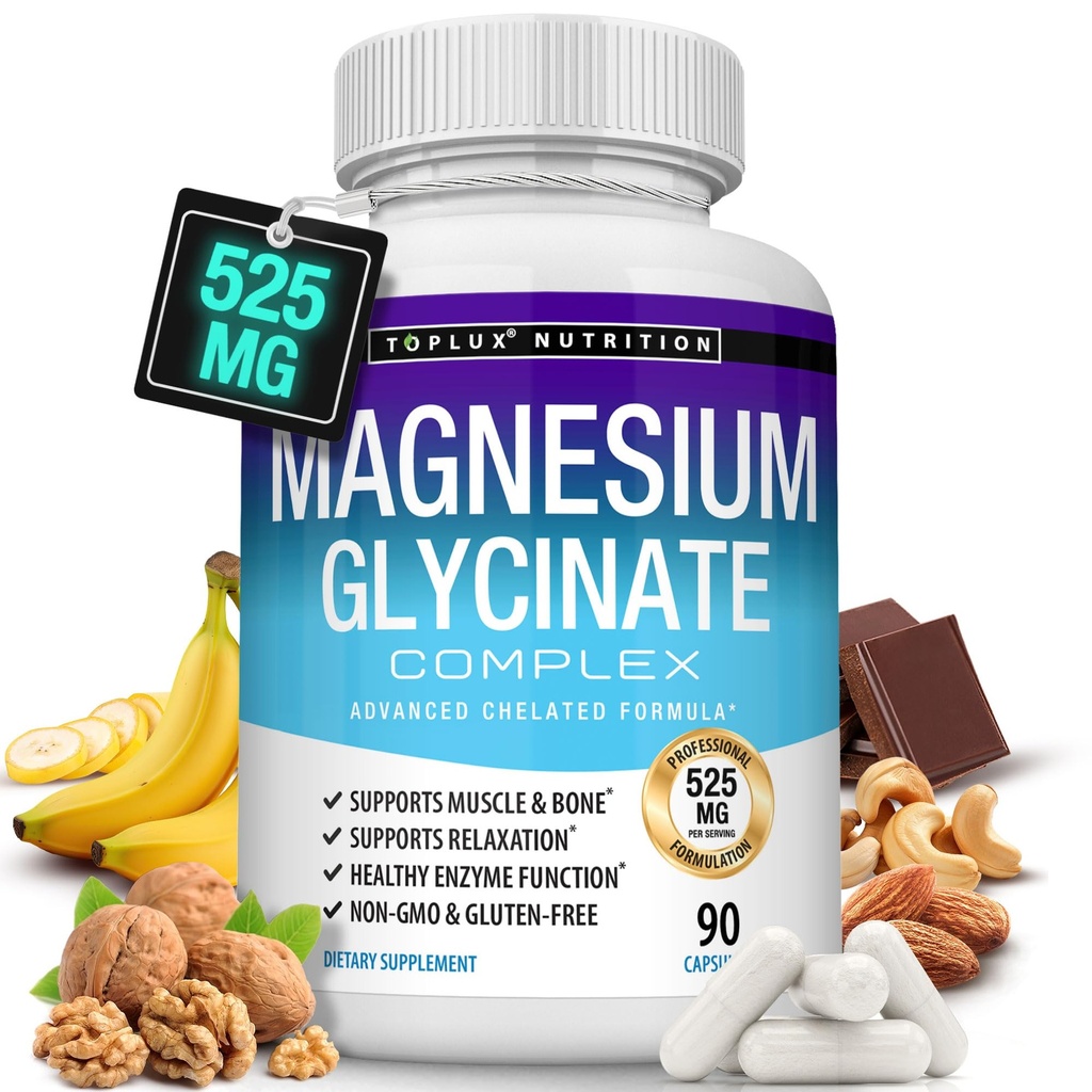 Magnesium Glycinate 525mg - Hoge Absorptie Gecheld Magnesium Supplement Gemaakt met Pure Magnesium Glycinate - Ondersteunt Spieren, Slaap, Krampen, Herstel Biglycinate Complex Vegan Non-GMO 90 Capsules