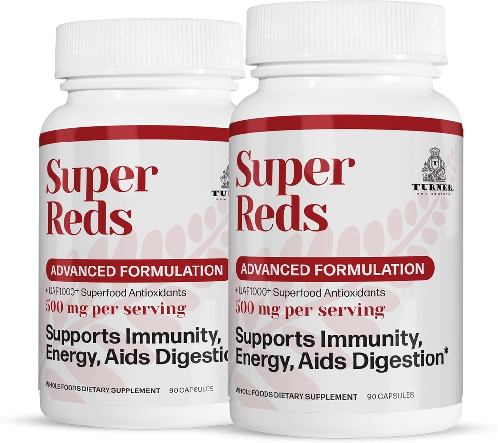 TURNER Super Reds Capsules met UAF1000+, Nieuw-Zeeland Red Superfood Energy, essentiële groenten, antioxidanten, enzymen, reiniging, 180 capsules, 2 flessen