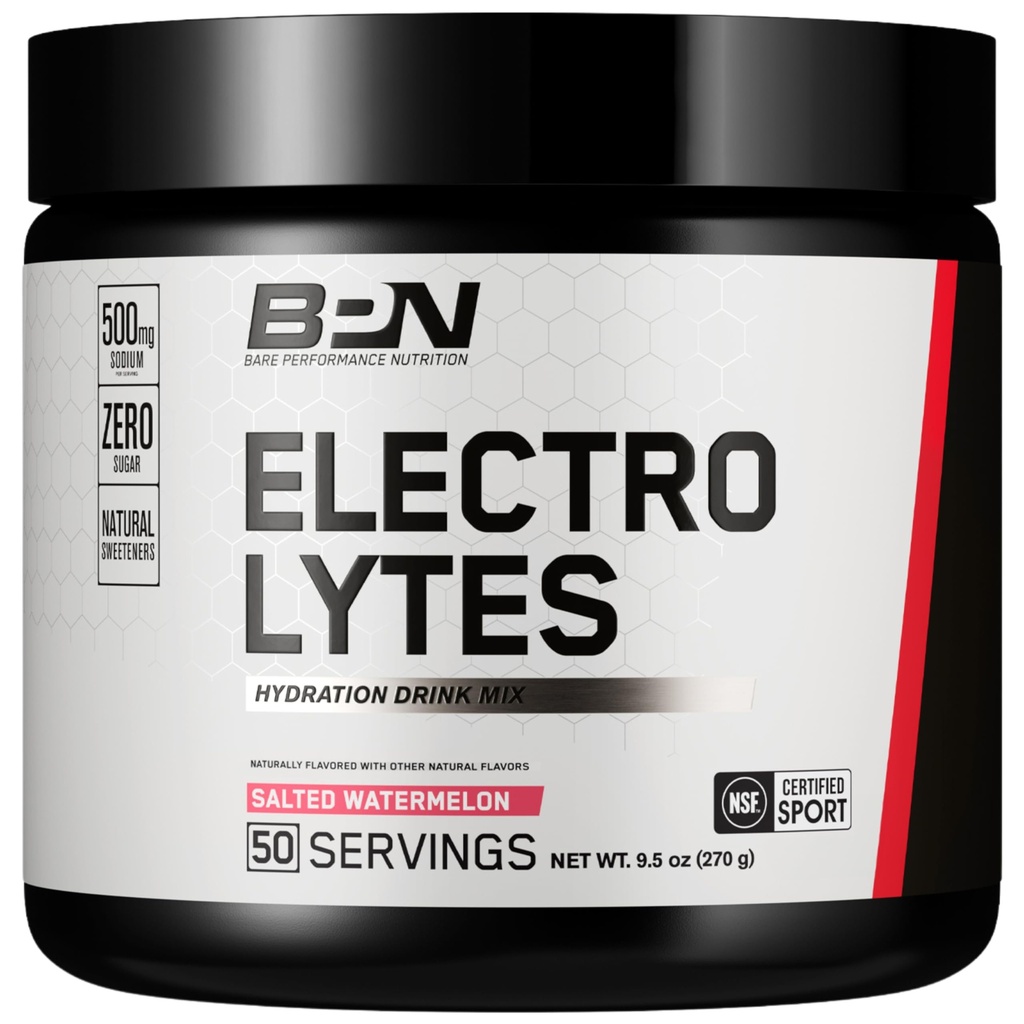 BARE PERFORMANCE NUTRITION BPN Electrolytes Hydration Drink Mix | Sugar Free Electrolyte Powder | 500mg Sodium per Serving | Naturally Sweetened | Salted Watermelon, 50 Servings