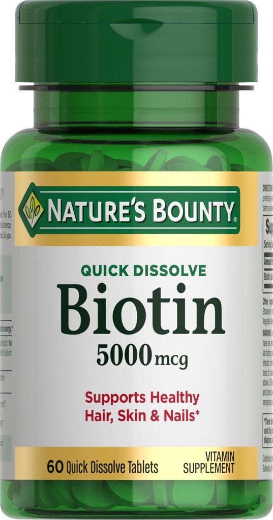Nature's Bounty Biotin, Supports Metabolism for Cellular Energy and Healthy Hair, Skin, and Nails, 5000 mcg, 60 Quick Dissolve Tablets