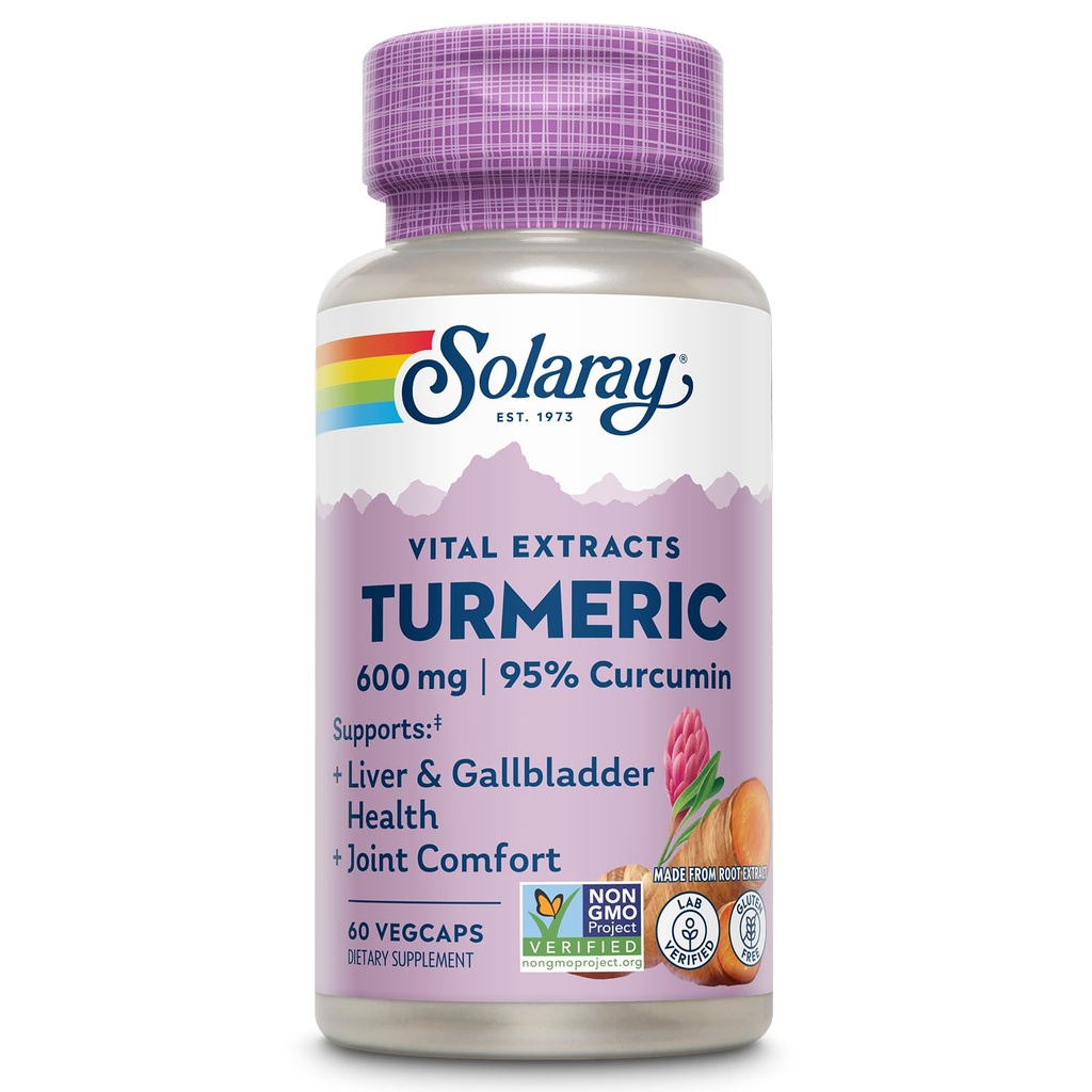 SOLARAY Kurkuma Supplement 600mg - Kurkumawortel met 95% Curcumine - Gezamenlijke Ondersteuning Supplement - Gezamenlijke Gezondheid, Galblaas en Lever Ondersteuning, Non-GMO, Veganistisch, Glutenvrij, 60 dagen garantie, 60 porties