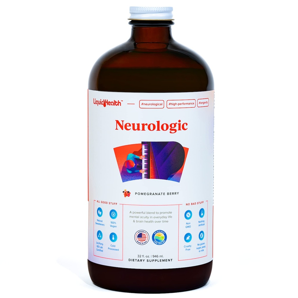 LIQUITHEALTH Neurologic Focus Supplement - Brain Booster Nootropic Supplement for Cognitive Function, Memory & Focus with Ginkgo Biloba, Choline, L-Theanine & Fosfatidylserine - USA Made (32 oz)
