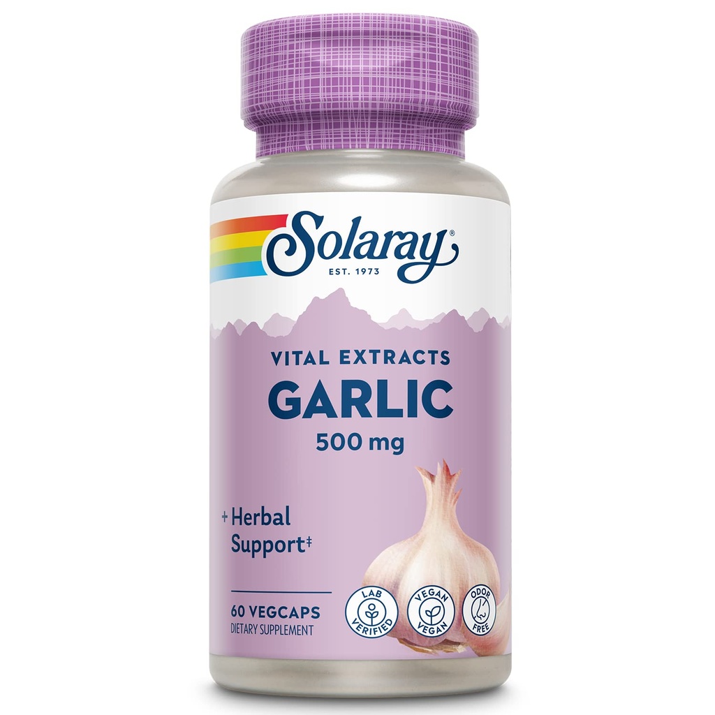 SOLARAY Knoflook Supplement 500mg, Veganistisch, Odorless Knoflook Extract, Traditioneel gebruikt voor de gezondheid van het hart en de immuunondersteuning, Veganistisch, Odor Free, Lab Geverifieerd, 60 dagen garantie, 60 Serv, 60 Enteric VegCaps