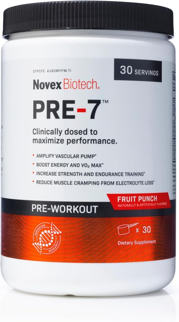 Novex Biotech PRE-7 Pre-Workout Powder for Men - Boost Energy, Focus en VO2 max, Ondersteuning hydratatie tijdens langdurige oefening*, Fruit Punch