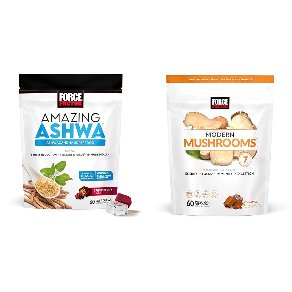 Force Factor Ashwagandha & Mushroom Supplementen bundel met KSM-66 Ashwagandha, 7 Paddenstoelen, 60 Zachte Kauwen Elk
