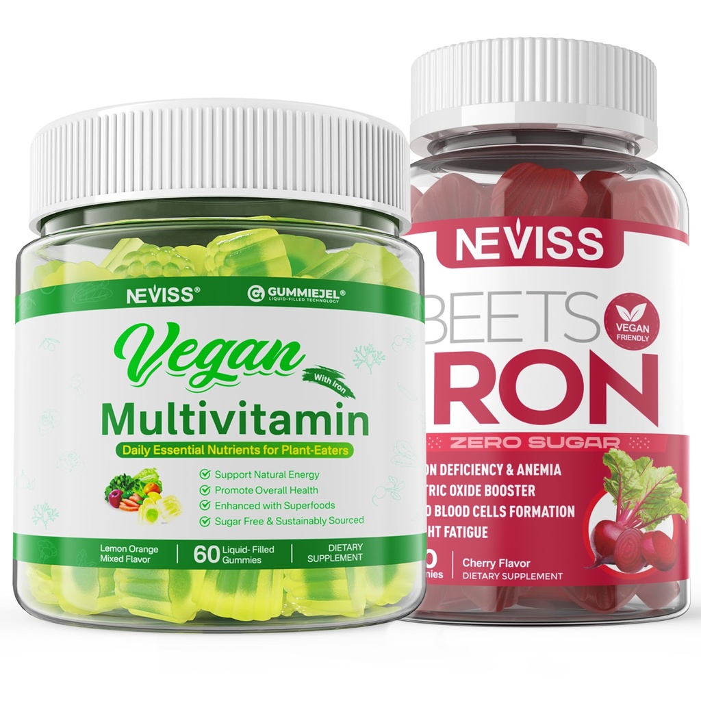 Veganistische Iron Gummies met Vegan Multivitamine voor vrouwen Mannen met ijzer, vitamine B12, A, D3, K2, Algen Omega 3, Magnesium, Zink