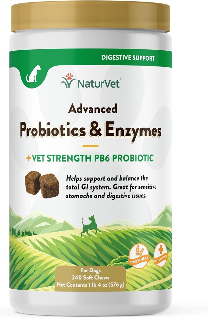 NaturVet Advanced Probiotics & Enzymes, PB6 Honden Zachte Kauwen om te helpen gevoelige maag en spijsverteringsproblemen, Hickory Smoked Bacon Flavored Pet Supplement voor honden meer dan 6 weken, 240 Graaf Jar
