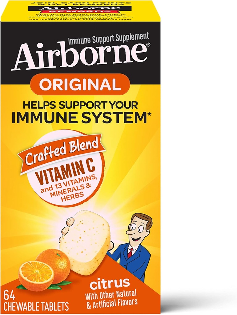Airborne 1000mg Vitamine C Kauwtabletten met zink, Immuun Ondersteuning Supplement met krachtige antioxidanten Vitaminen A C & E - 64 Kauwtabletten, Citrus smaak