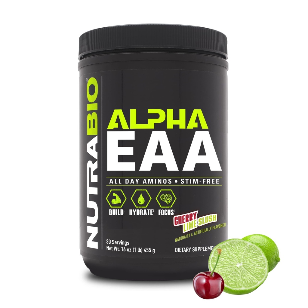 NutraBio Alpha EAA - All-Day Aminozuren voor spiergroei en hydratatie - Essentiële Aminozuren met Nootropics & Adaptogenen - Full Spectrum EAA BCAA Powder - 30 Servers - Cherry Lime Slush
