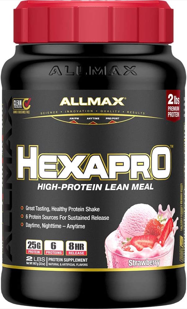 ALLMAX HEXAPRO, aardbei - 2 lb - 25 gram eiwit per portie - 8 uur Sustained Release - Zero Sugar - 21 porties
