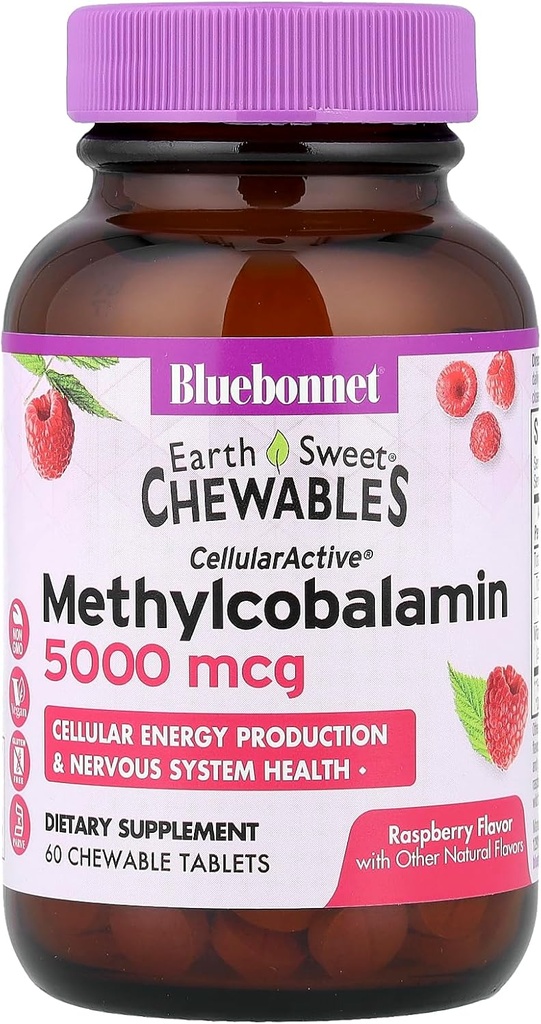 BlueBonnet Nutrition Earth Sweet® kauwtabletten, CellularActive® Methylcobalamine, Raspberry, 5.000 mcg, 60 kauwtabletten