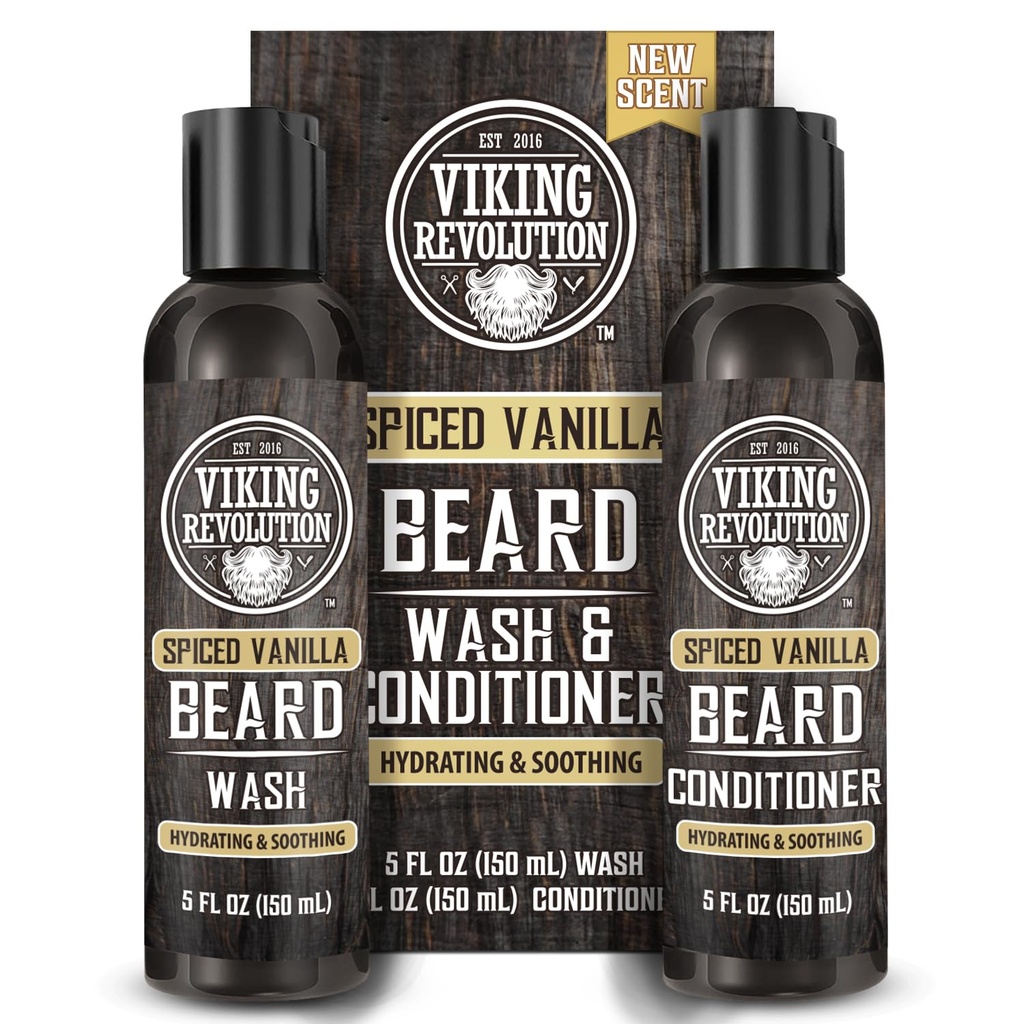 Viking Revolution Baard Wash en Baard Conditioner voor mannen met Argan Oil en Jojoba Oil - Baard Softener en Versterker Baard Care Baard Shampoo en Conditioner met Baardolie (5oz, Spiced Vanilla)