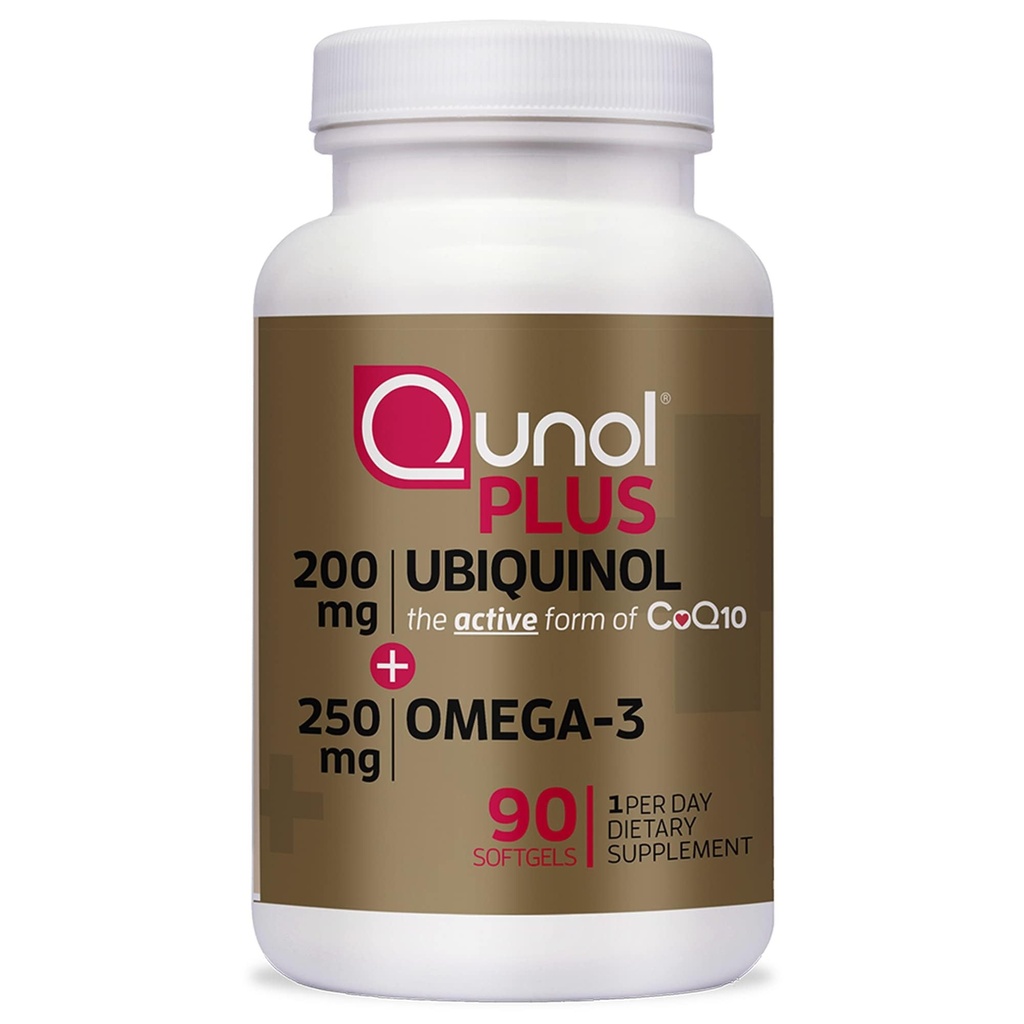 Qunol Plus Ubichinol Coq10 200mg met Omega 3 250mg Extra sterkte Antioxidant (Versie Bovine), 90 Tellen