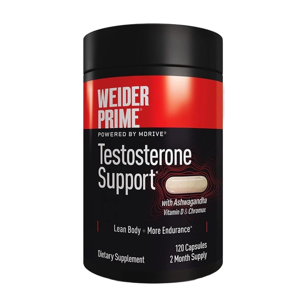 Weider Prime Testosteron Ondersteuning - Mannenvoeding - Verrijkt met vitamines en mineralen - met Ashwagandha, Chromax Chroom, Bioperine & Zink - Glutenvrij - 120 capsules